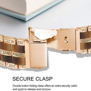 Metal resin watch strap compatible with Apple Watch, rose gold five-bead design with rhinestones.