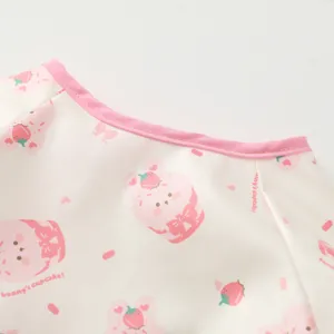 Cute toddler waterproof art smock detail, pink strawberry bunny pattern, long sleeve bib.