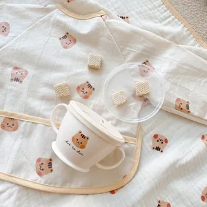 Cute baby snack cup and waterproof bib set with lovely bear print ins style toddler feeding