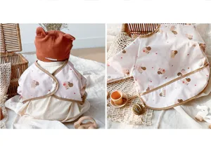 Waterproof baby coverall detail, cute squirrel print long sleeve feeding bib for infants.