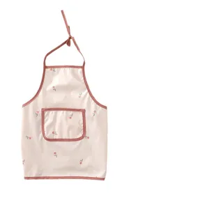 Cute kids waterproof eating bib with tulip print apron front pocket and pink trim
