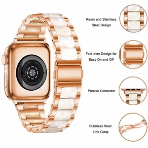 Stainless steel resin watch band detail view, secure button clasp and precision connector design.