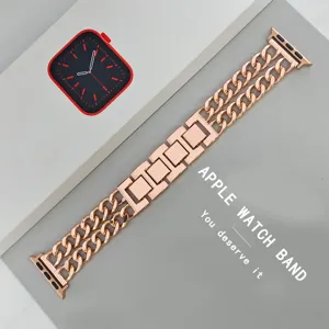 Rose gold double chain metal band compatible with Apple Watch, stylish replacement strap.