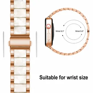 Stainless steel resin strap for Apple Watch, luxury replacement band in rose gold and white.