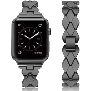 Zwart geometrisch roestvrijstalen horlogebandje compatibel met Apple Watch, stijlvol en strak design.
