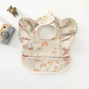 Waterproof baby bib with cute angel wings and rainbow cloud print, ideal for toddler feeding.