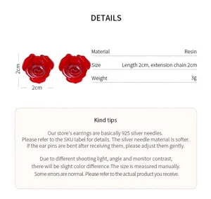 Rote Rosen Harz Ohrringe mit Silberpfeilen und Verlängerungskette Mode Schmuck