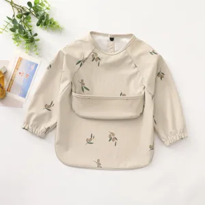 Waterproof baby long sleeve bib with cute olive print, perfect for feeding time clean.