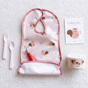 Cute Korean baby waterproof eating bib set with cute squirrel print, bowl, and spoon.
