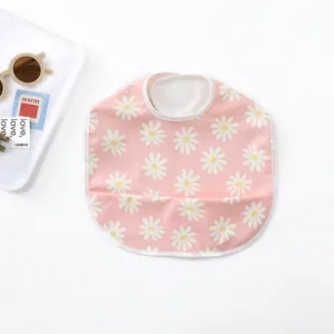 Pink floral baby feeding bib waterproof toddler diner apron with cute daisy pattern detail shot