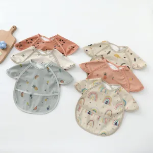 Waterproof baby PU bib long sleeve toddler eating coverall cute cartoon print infant feeding apron top