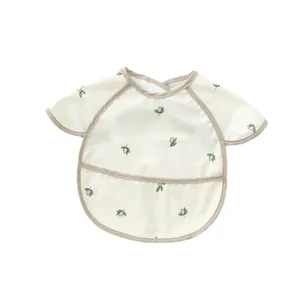 Waterproof baby bib PU short sleeve toddler feeding apron cute lemon pattern clean design