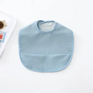 Baby waterproof PU bib for infants, soft light blue feeding bib with pocket for toddlers.