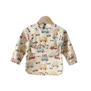 Cute baby long sleeve waterproof feeding bib apron with lovely car prints, soft and easy clean.