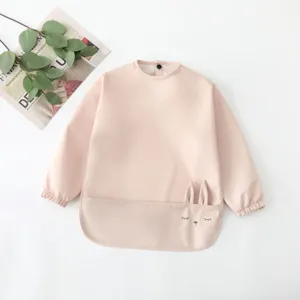 Waterproof long sleeve baby bib with cute bunny ears, soft infant feeding apron and clothes protector.
