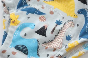 Vue détaillée du tissu en coton pour culotte d'apprentissage avec joli imprimé dinosaure.