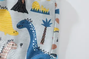 Vue détaillée de pantalon d'apprentissage avec coton doux et respirant et joli imprimé dinosaure.