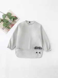 Waterproof long sleeve baby bib for toddlers, soft feeding apron with pocket grey.