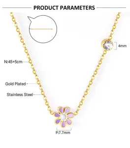 Detailed view of stainless steel gold plated daisy pendant necklace with crystal stone.