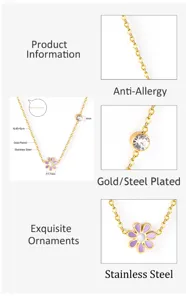 Stainless steel daisy pendant necklace with sparkling crystal station and colorful enamel flower.