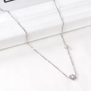 Stainless Steel Purple Enamel Daisy Pendant Necklace with Crystal Clavicle Chain Jewelry