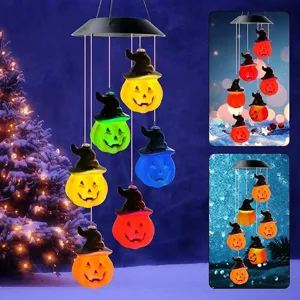 Decorative Halloween solar wind chime featuring multi-color LED pumpkin witch hat lights