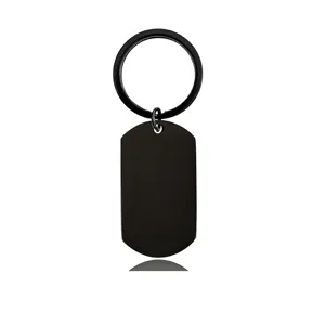 Macro detail view of a blank black stainless steel dog tag keychain for custom engraving