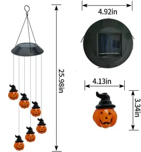 Detail dimensions of solar powered Halloween pumpkin wind chime with witch hat decorations
