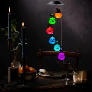 Solar Powered Halloween Pumpkin Wind Chime LED Color Changing Wizard Hat Hanging Lamp Outdoor Garden Yard Decoration