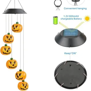 Solar powered Halloween pumpkin wind chime light with 1.2V 600mAh battery for outdoor decor