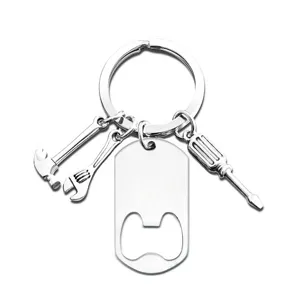 Detailed macro shot of stainless steel tool keychain with bottle opener tag