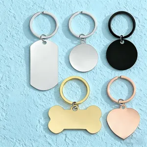 Stainless Steel Blank Keychain DIY Laser Engraving Metal Keyring Rectangular Bone Heart Round Shape For Gift Pet ID Tag