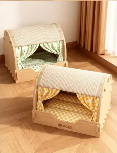 Solid wood cat house with sisal scratching board roof, cozy cushion and cute curtains for pets.