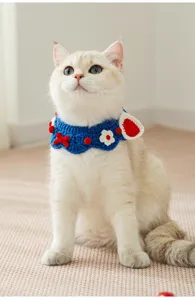 Handmade crochet cat collar cute knit pet bib for small dogs kittens neck wear detail.