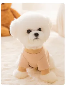 Schattige hond in beige fleece warme trui, gezellige winterkleding detailopname.