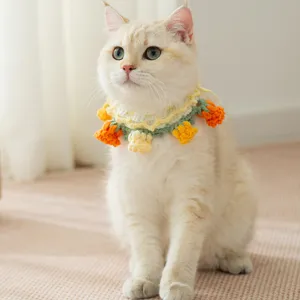 Handmade crochet tulip cat collar cute pet bib knitted flower neck accessory for small dogs