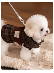 Cute winter dog clothes warm plaid pet dress for small dogs puppy cat apparel detail view