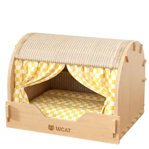 Wooden Cat Scratching House with Sisal Mat and Yellow Checkered Curtains for Pets