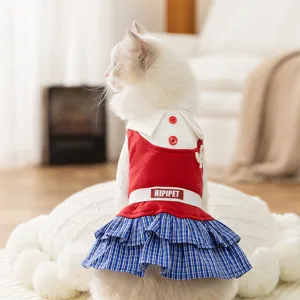 Haustier Katze Hund Kleid Herbst Winter Warm College Stil Kariert Hemd Kleid Perle Schleife Prinzessin Bekleidung Haustierbekleidung