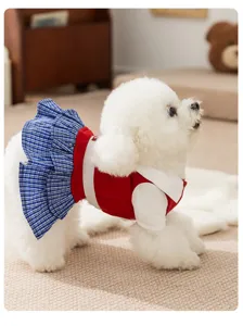 Cute pet dress for small dogs and cats, red vest with blue plaid skirt, comfortable pet apparel.