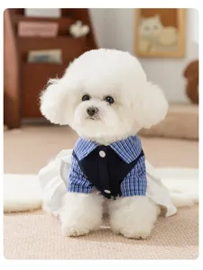 Cute plaid pet dress detail for small dogs, stylish blue shirt with black vest and skirt.