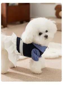 Cute plaid pet dress for small dogs, stylish blue vest with white ruffle skirt for cats.