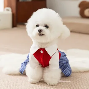 Cute pet dog dress for small dogs and cats, autumn thin red shirt and blue plaid skirt style.