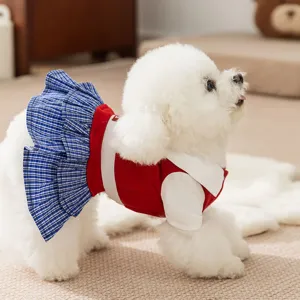 Cute pet dress for small dogs, red and white top with blue plaid skirt, autumn winter.