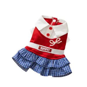 Cute pet plaid dress for small dogs and cats, autumn thin red and blue puppy apparel.