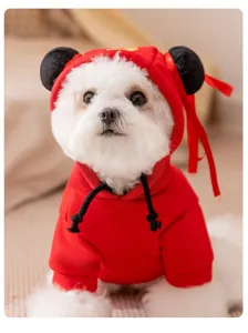 Cute red dog hoodie with bear ears, warm pet winter clothes for small dogs puppy teddy.