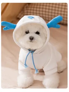 Cute dog winter hoodie with blue deer antlers warm pet clothes for small medium dogs puppy apparel