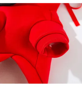 Close-up detail of red pet winter hoodie sleeve cuff, warm dog apparel and clothing.