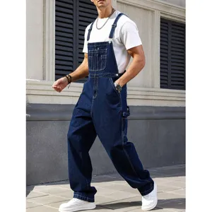 Men's dark blue denim overalls high street casual loose fit dungarees streetwear fashion