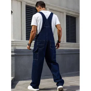 Men's dark blue denim overalls casual street style loose fit long jumpsuit denim pants